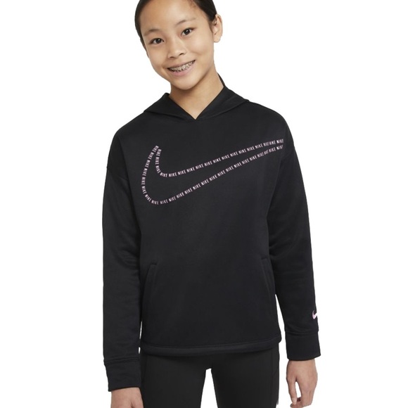 Nike Youth Girls Therma Fit Black Hoodie Pink Logo - Picture 1 of 13